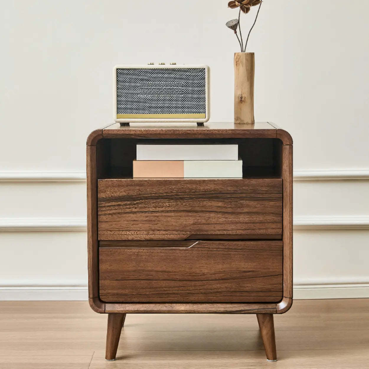 Mid-Century Walnut Wood Nightstand with Drawers