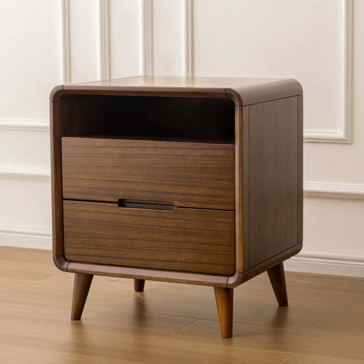 Mid-Century Walnut Wood Nightstand with Drawers