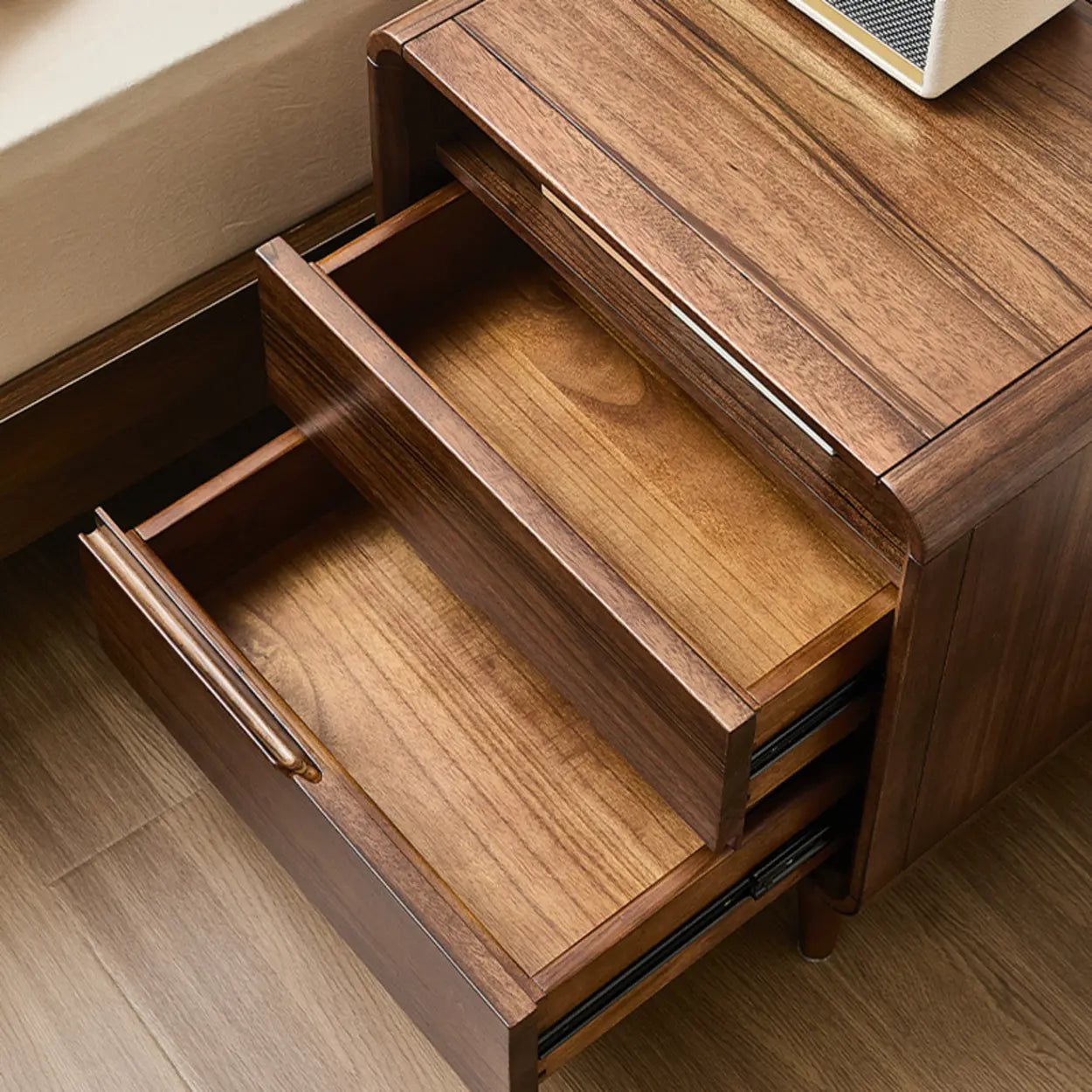 Mid-Century Walnut Wood Nightstand with Drawers