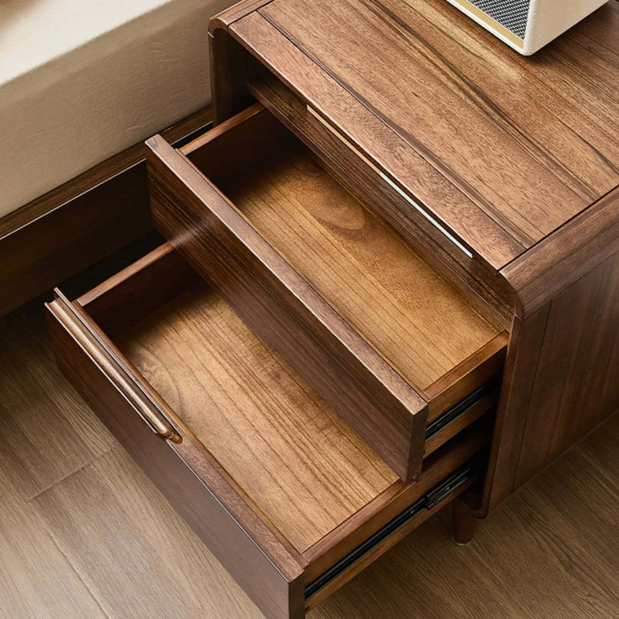 Mid-Century Walnut Wood Nightstand with Drawers