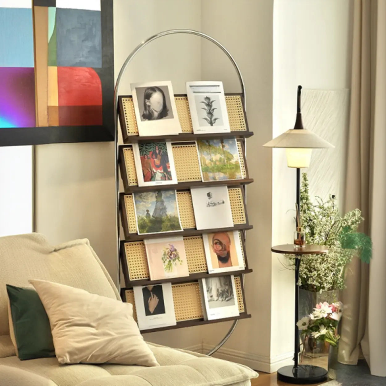 Mid-Century Woven Oval Metal Bookshelf — Brown