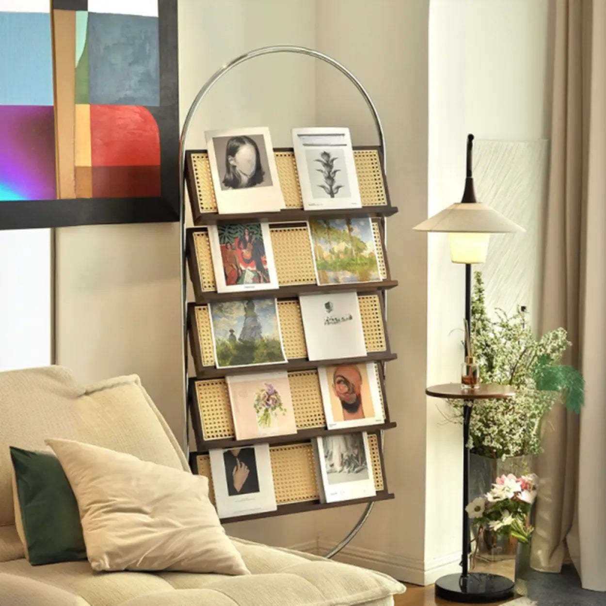 Mid-Century Woven Oval Metal Bookshelf — Brown