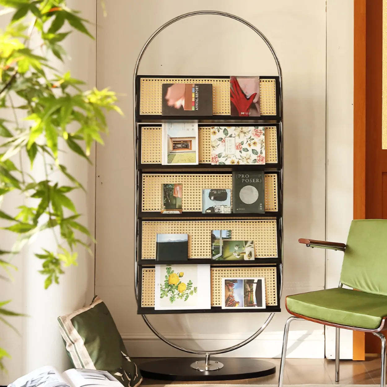 Mid-Century Woven Oval Metal Bookshelf — Black