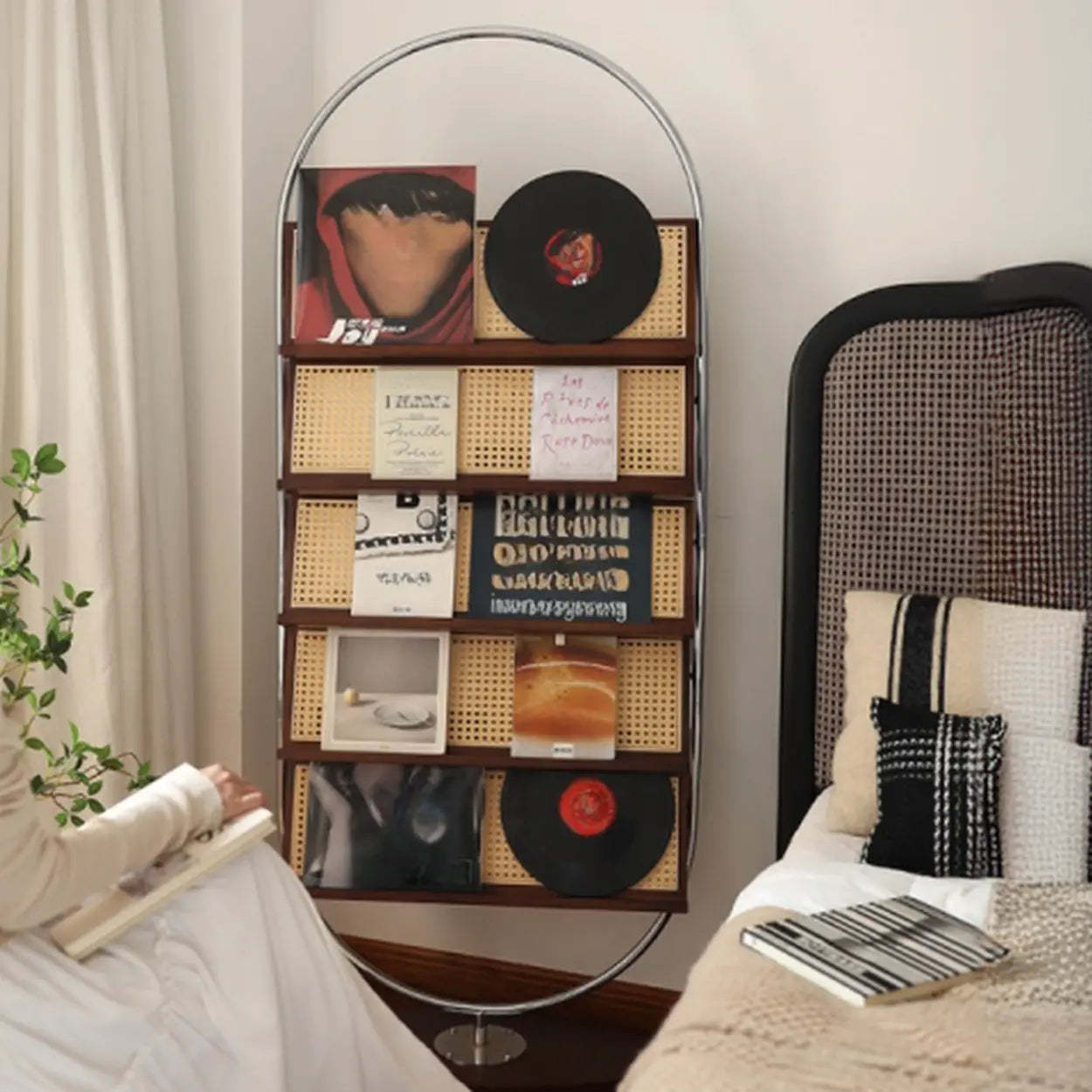 Black metal fabric wood woven oval display cabinets - modern