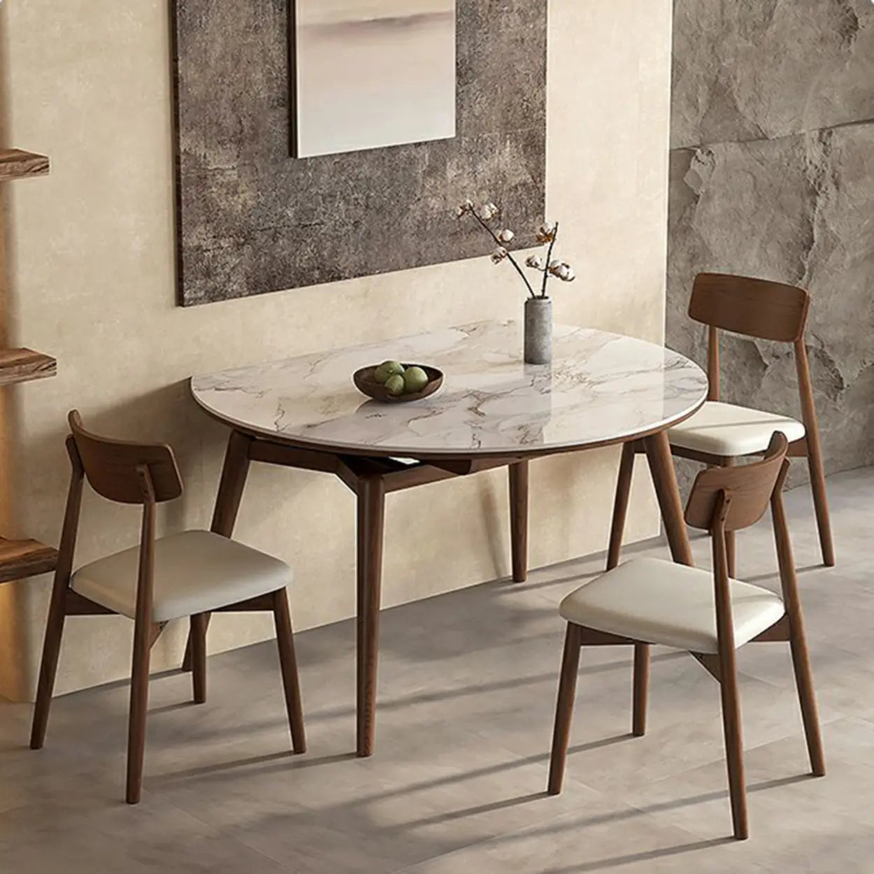 Mid-Century White Oval Marble Extendable Dining Table