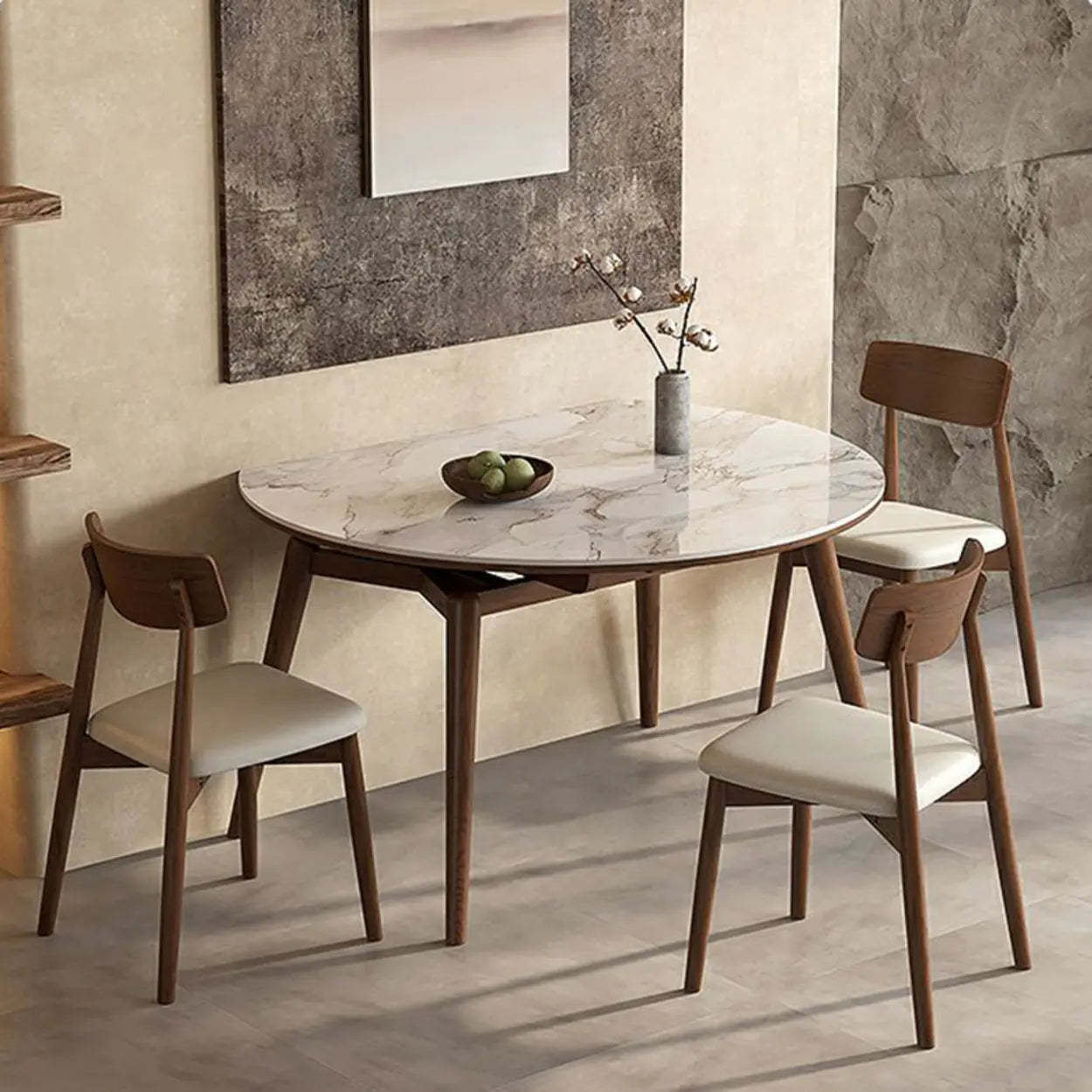 Mid-Century White Oval Marble Extendable Dining Table — Table Only