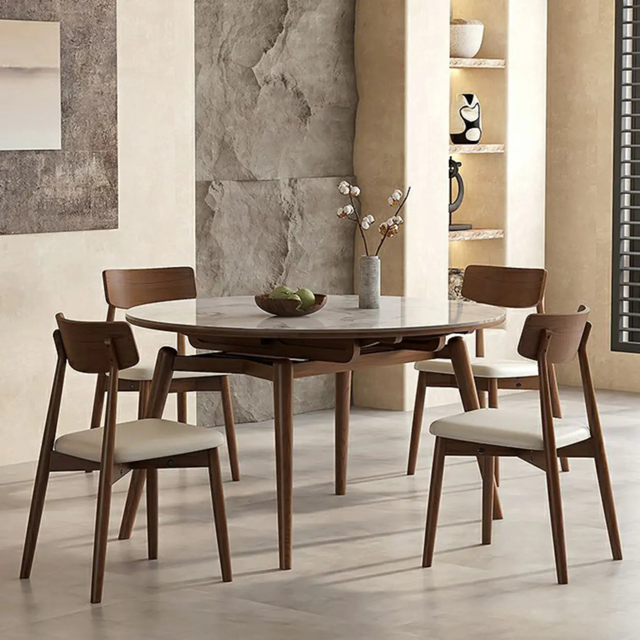 Mid-Century White Oval Marble Extendable Dining Table