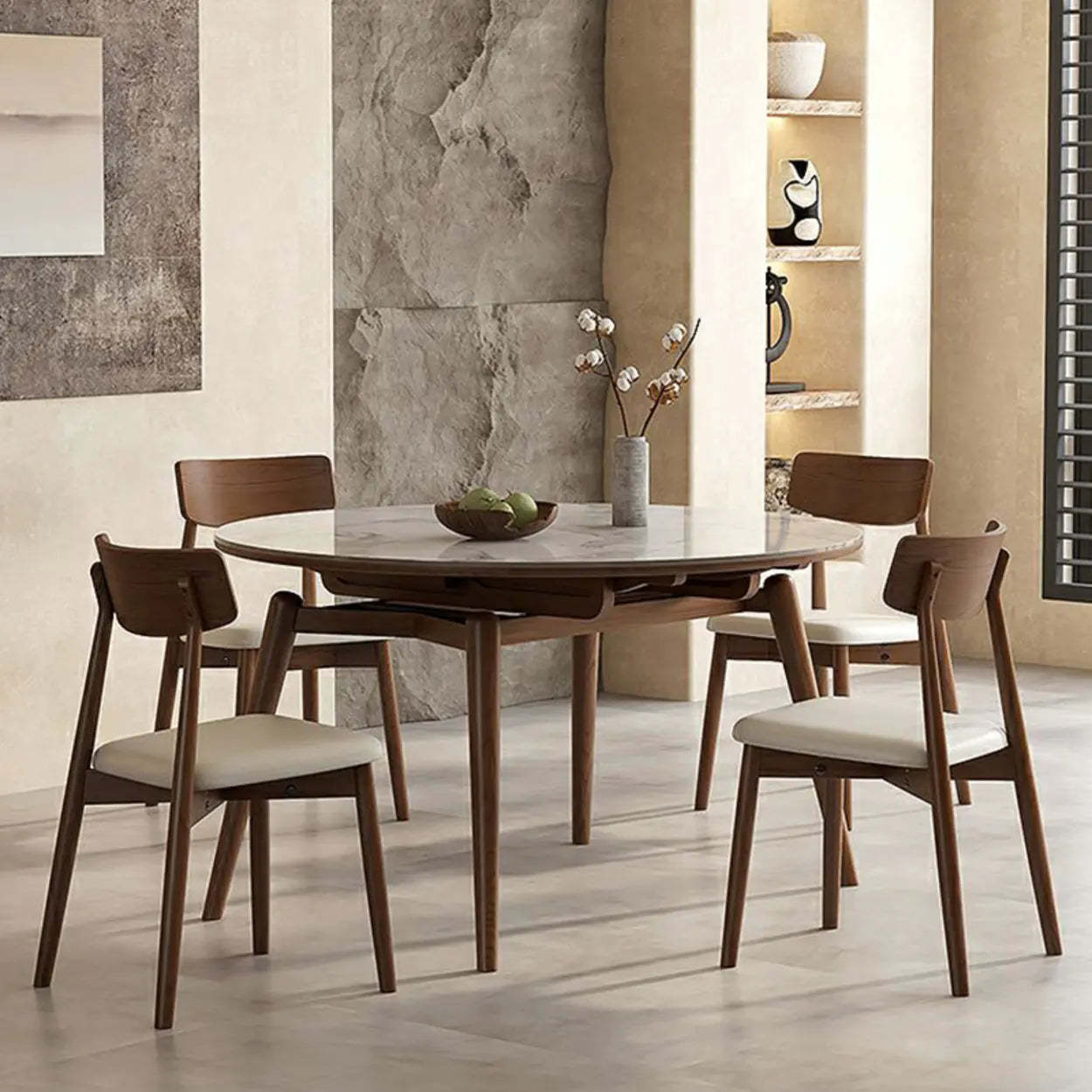 Mid-Century White Oval Marble Extendable Dining Table