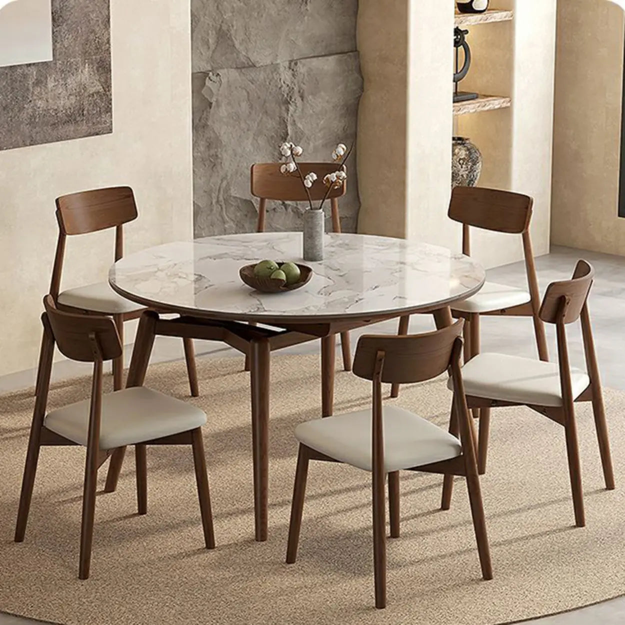 Mid-Century White Oval Marble Extendable Dining Table