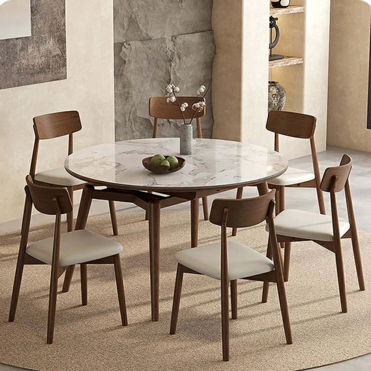 Mid-Century White Oval Marble Extendable Dining Table