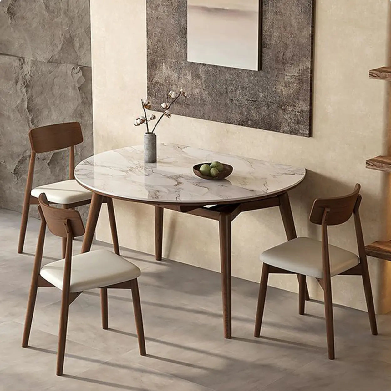 Mid-Century White Oval Marble Extendable Dining Table
