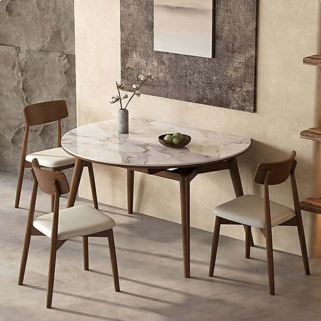 Mid-Century White Oval Marble Extendable Dining Table