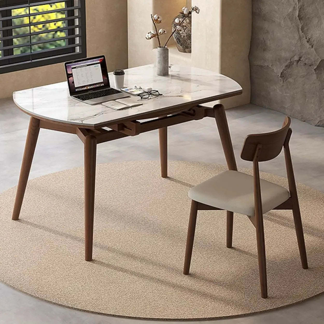 Mid-Century White Oval Marble Extendable Dining Table