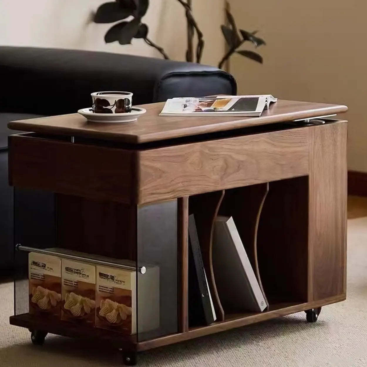 Mid-Century Rectangle Brown Wood Wheeled End Table