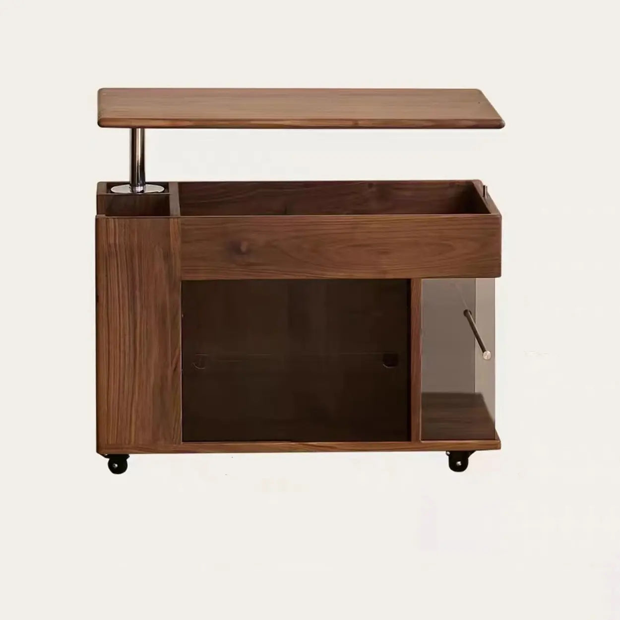 Mid-Century Rectangle Brown Wood Wheeled End Table