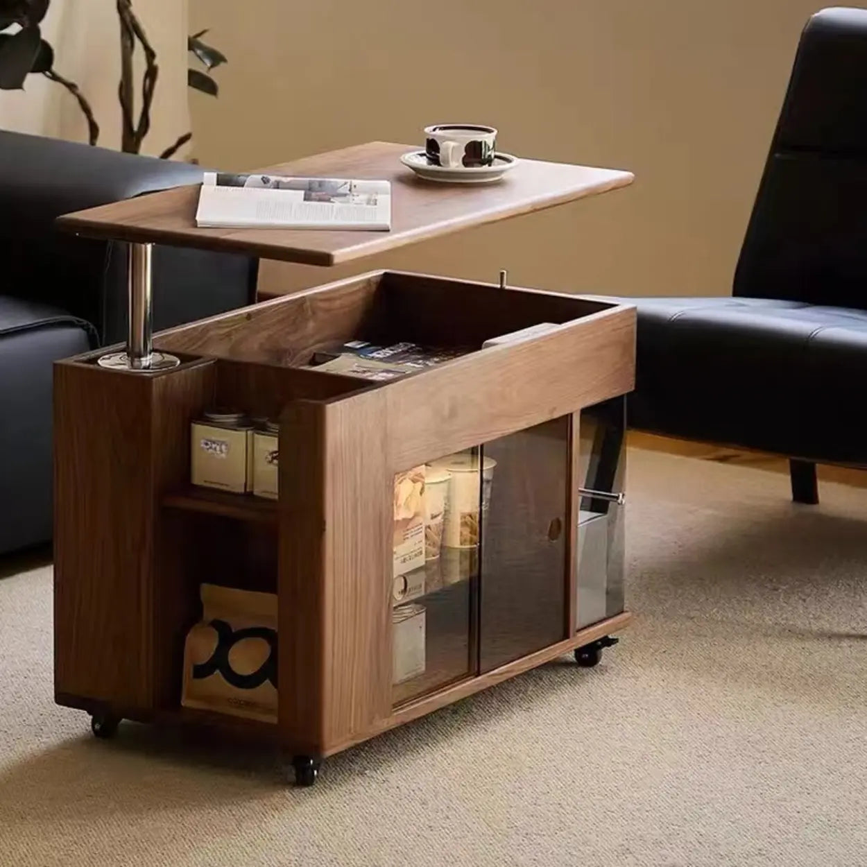 Mid-Century Rectangle Brown Wood Wheeled End Table