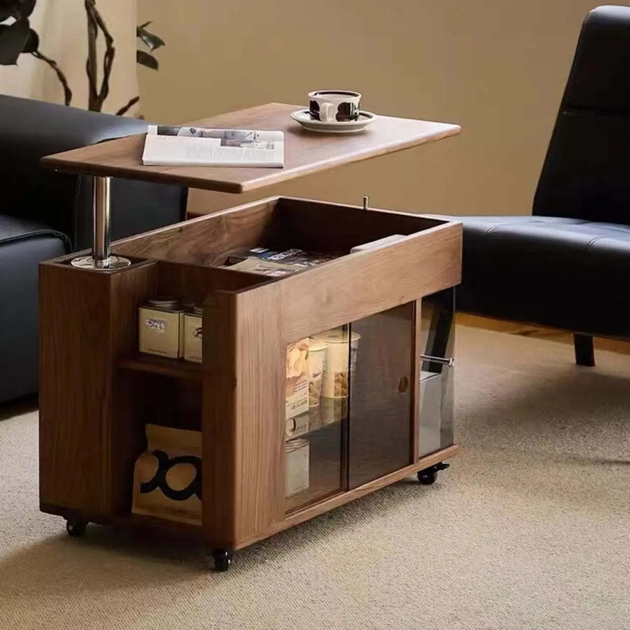 Mid-Century Rectangle Brown Wood Wheeled End Table