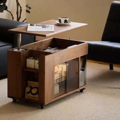 Mid-Century Rectangle Brown Wood Wheeled End Table
