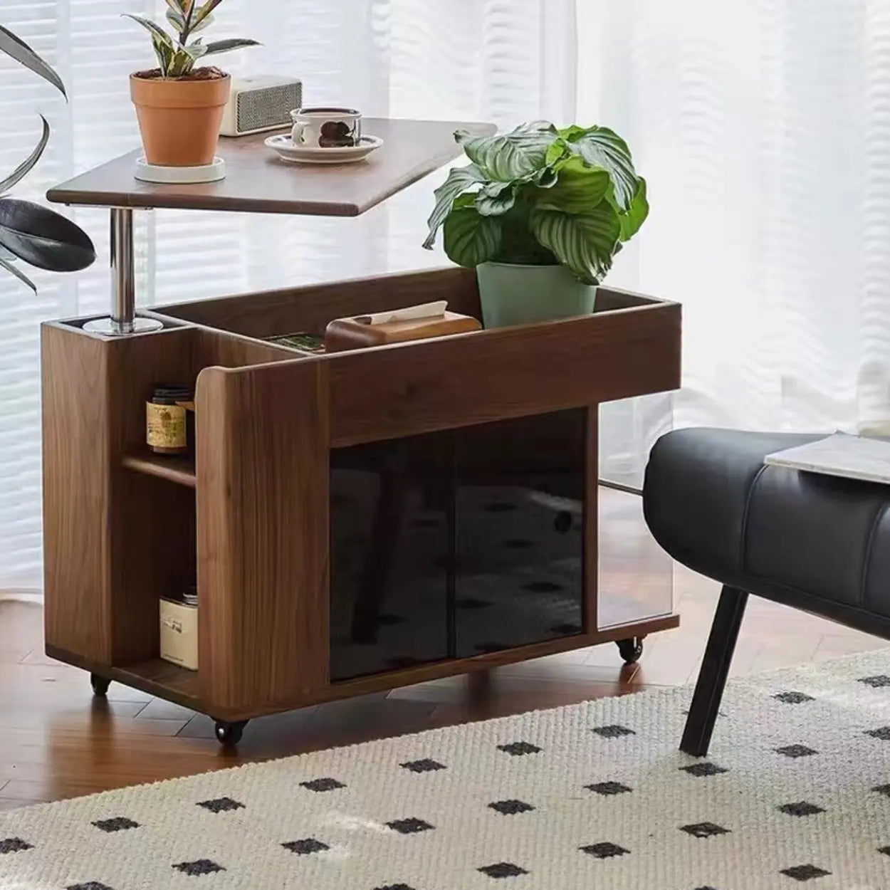 Mid-Century Rectangle Brown Wood Wheeled End Table