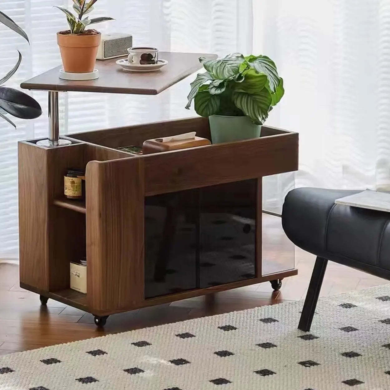 Mid-Century Rectangle Brown Wood Wheeled End Table