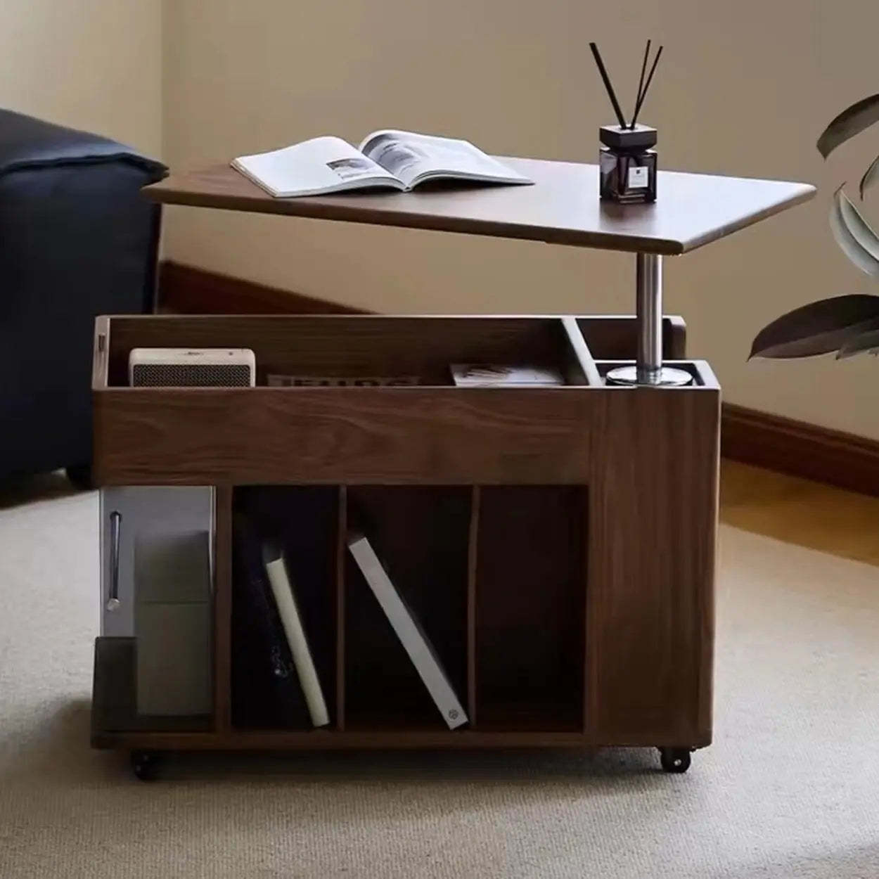 Mid-Century Rectangle Brown Wood Wheeled End Table