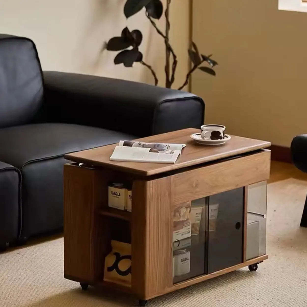 Mid-Century Rectangle Brown Wood Wheeled End Table