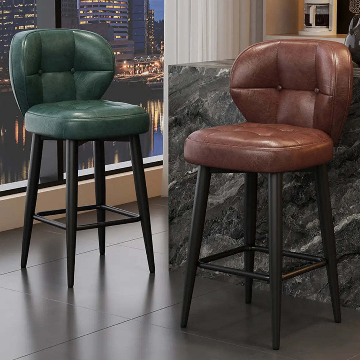 Mid-Century Upholstered Swivel Bar Stool with Padded Backrest