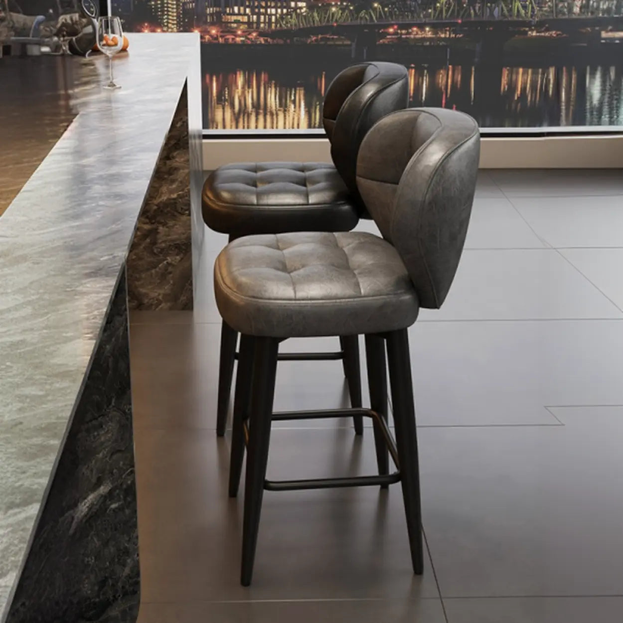 Mid-Century Upholstered Swivel Bar Stool with Padded Backrest