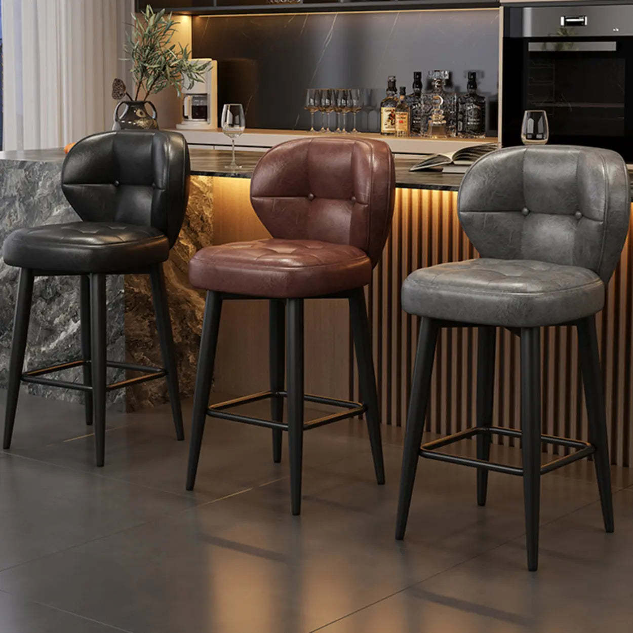 Mid-Century Upholstered Swivel Bar Stool with Padded Backrest