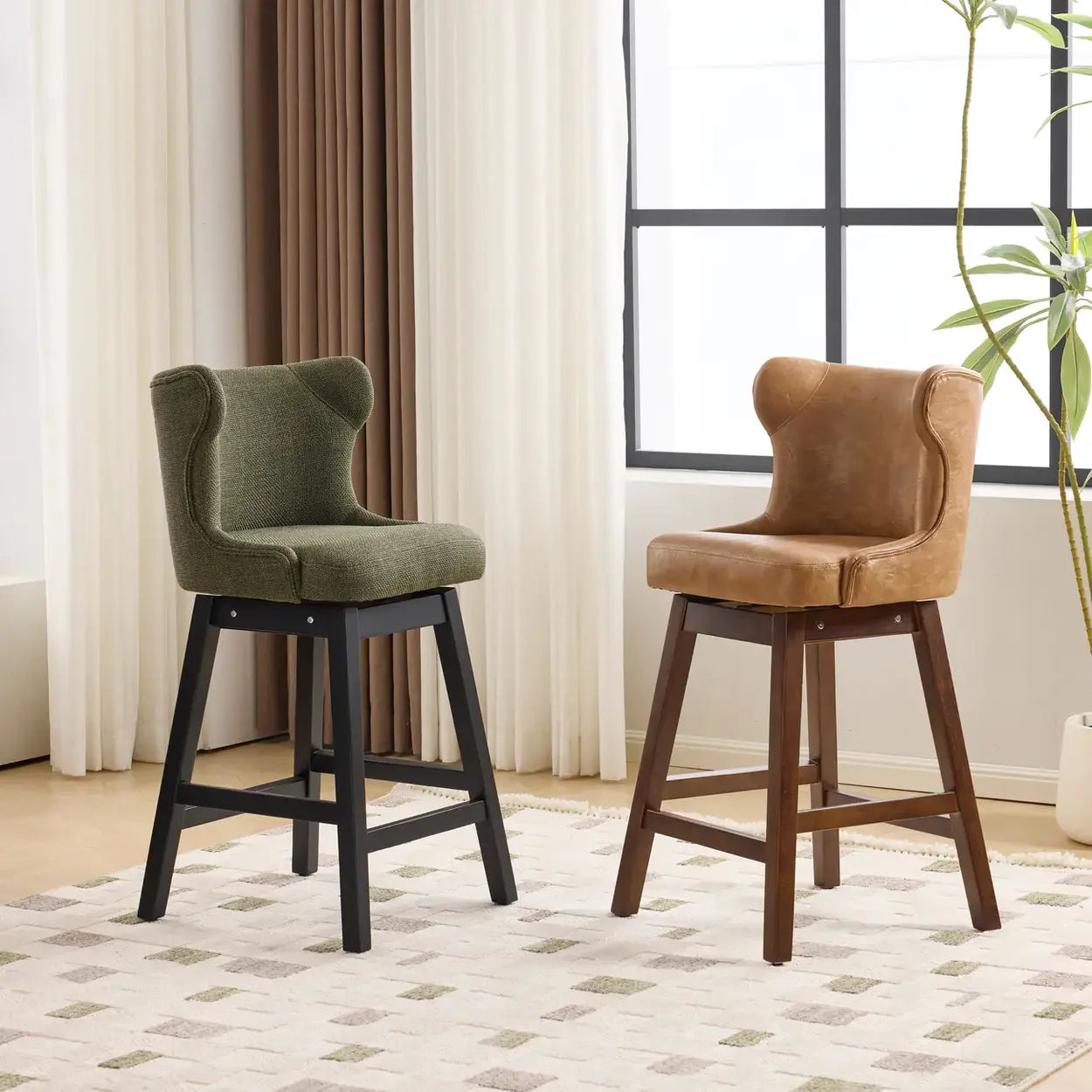 Mid-Century Upholstered Swivel Wingback Bar Stool Set of 2