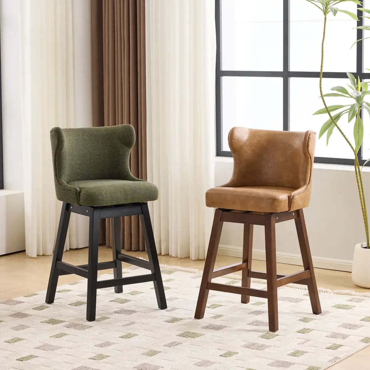 Mid-Century Upholstered Swivel Wingback Bar Stool Set of 2 — Green / Black / Fabric