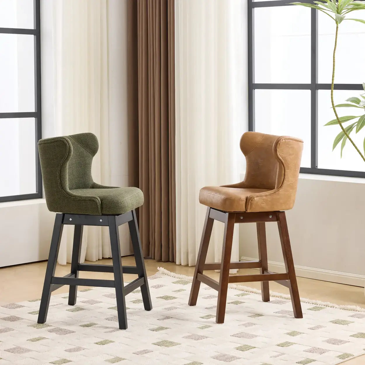 Mid-Century Upholstered Swivel Wingback Bar Stool Set of 2