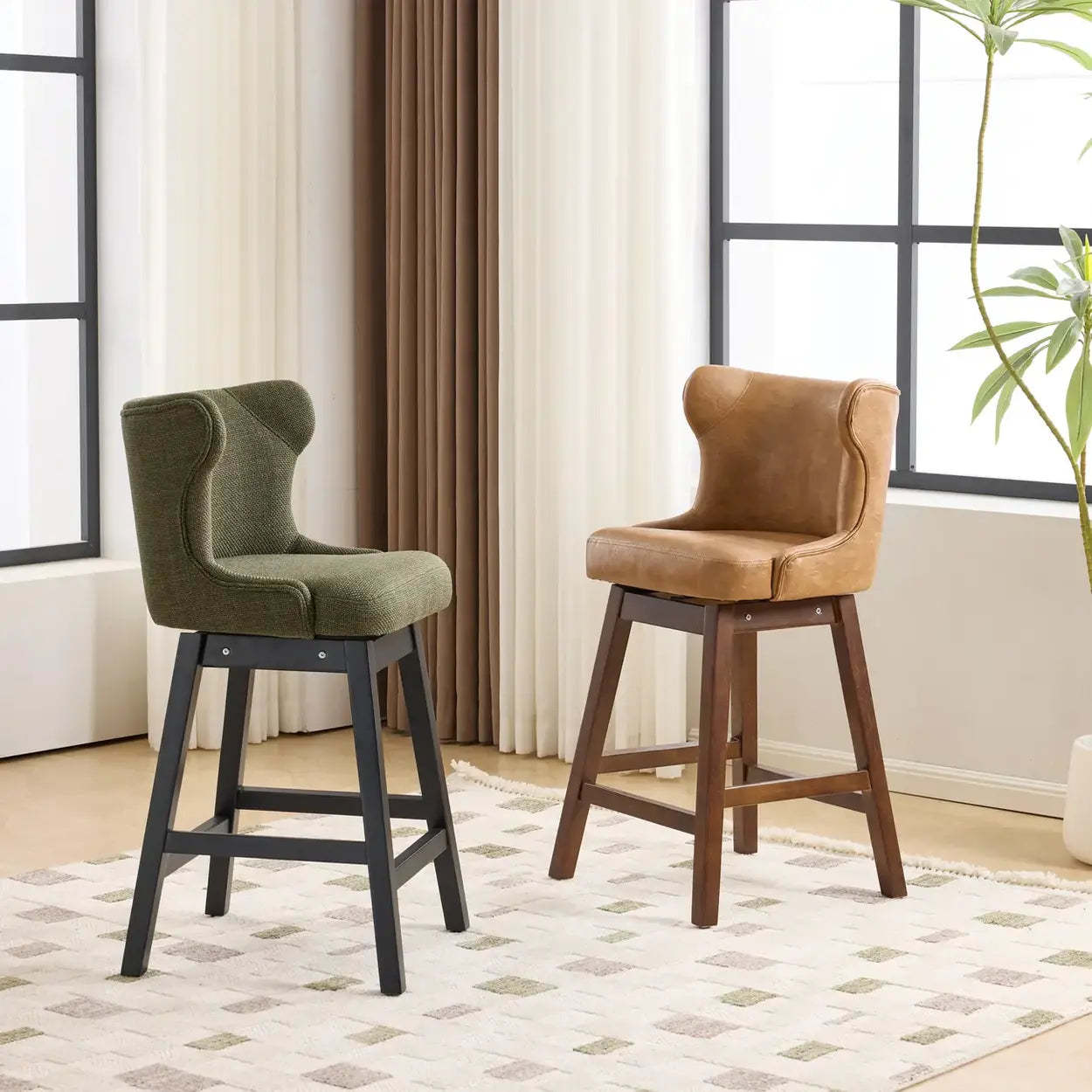 Mid-Century Upholstered Swivel Wingback Bar Stool Set of 2