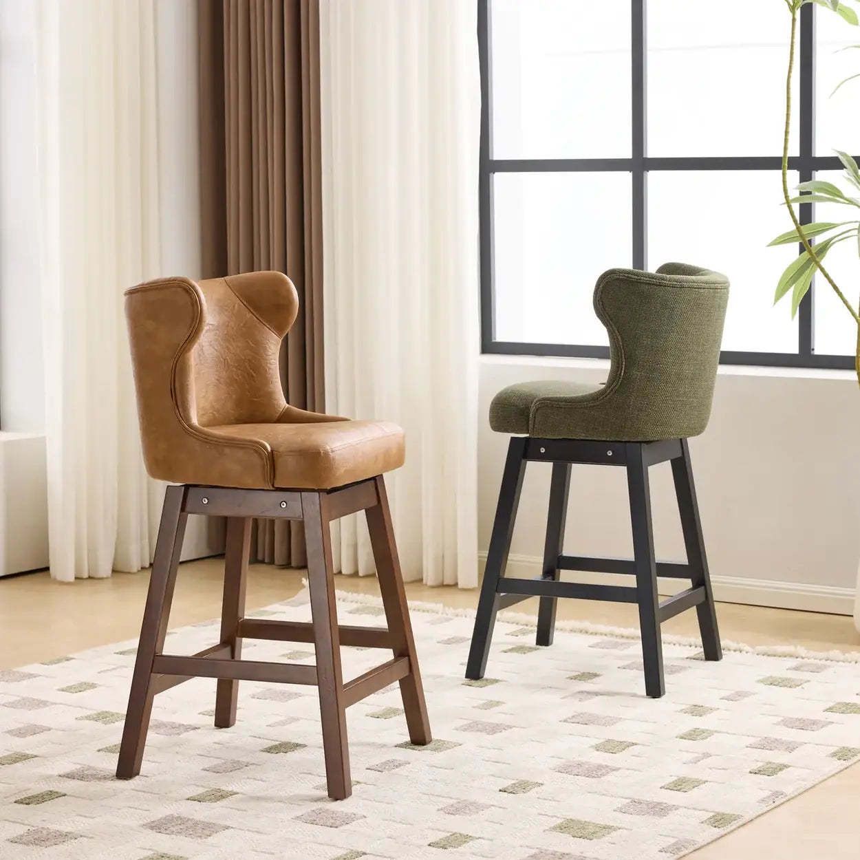 Mid-Century Upholstered Swivel Wingback Bar Stool Set of 2