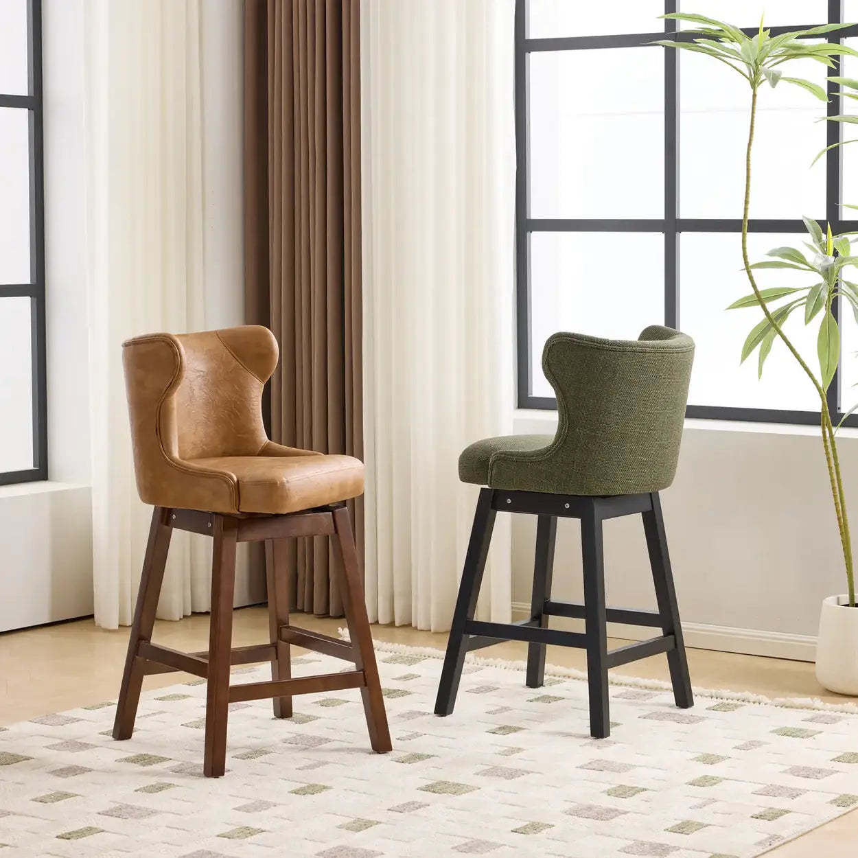 Mid-Century Upholstered Swivel Wingback Bar Stool Set of 2
