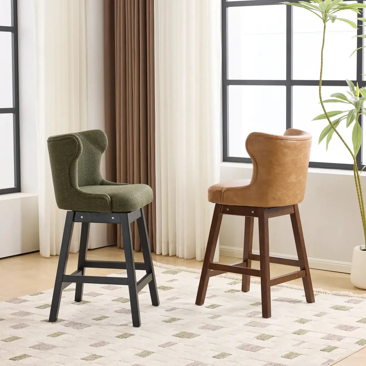 Mid-Century Upholstered Swivel Wingback Bar Stool Set of 2
