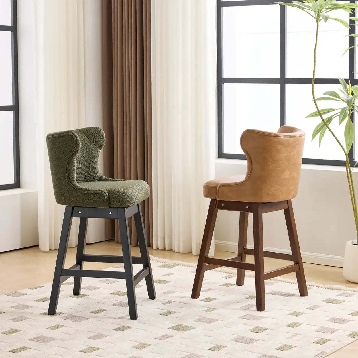 Mid-Century Upholstered Swivel Wingback Bar Stool Set of 2