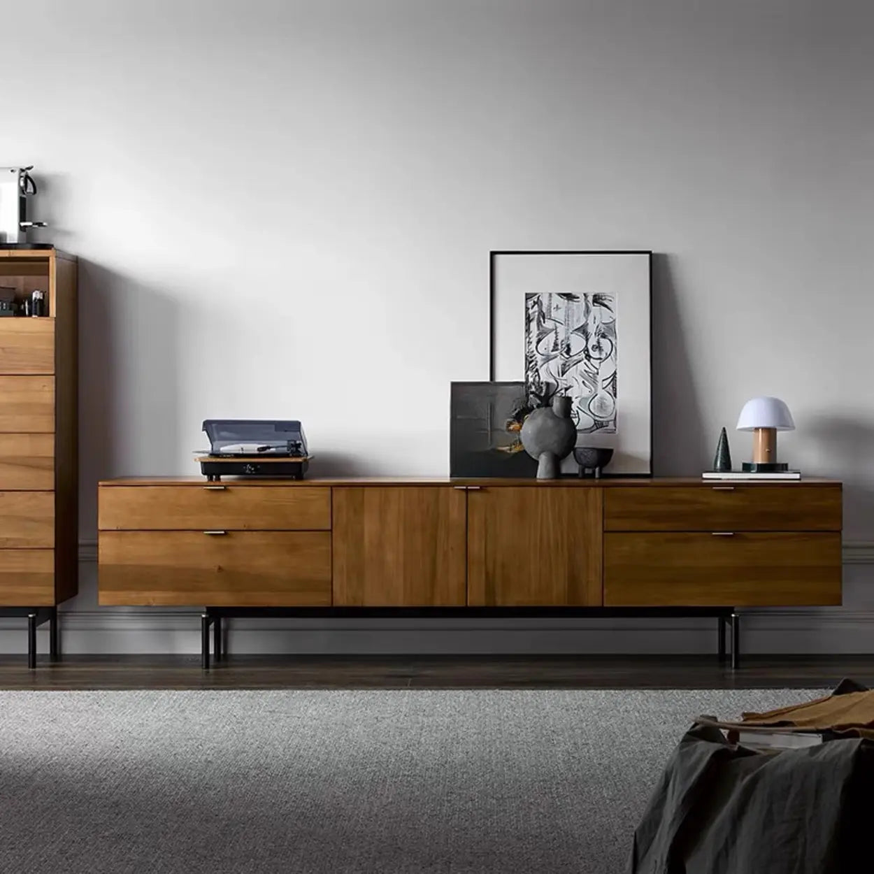 Mid-Century Walnut Wood TV Stand with Storage