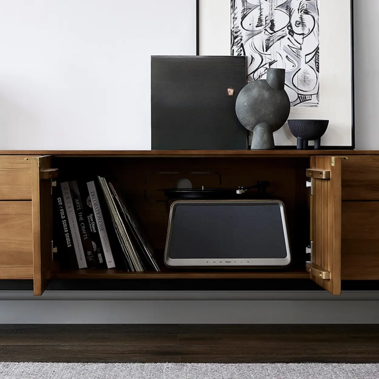 Mid-Century Walnut Wood TV Stand with Storage