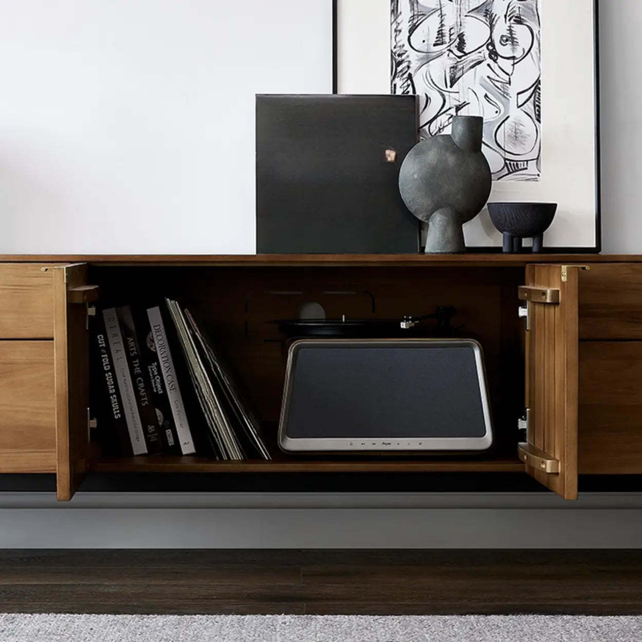 Mid-Century Walnut Wood TV Stand with Storage