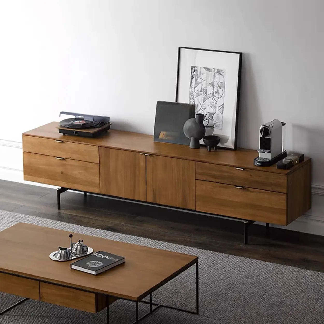 Mid-Century Walnut Wood TV Stand with Storage