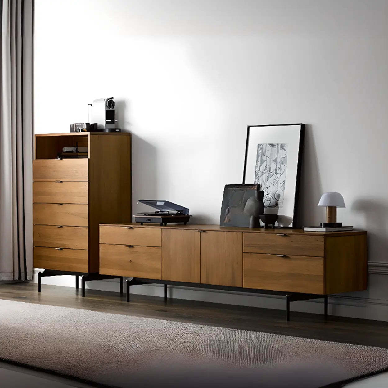Mid-Century Walnut Wood TV Stand with Storage