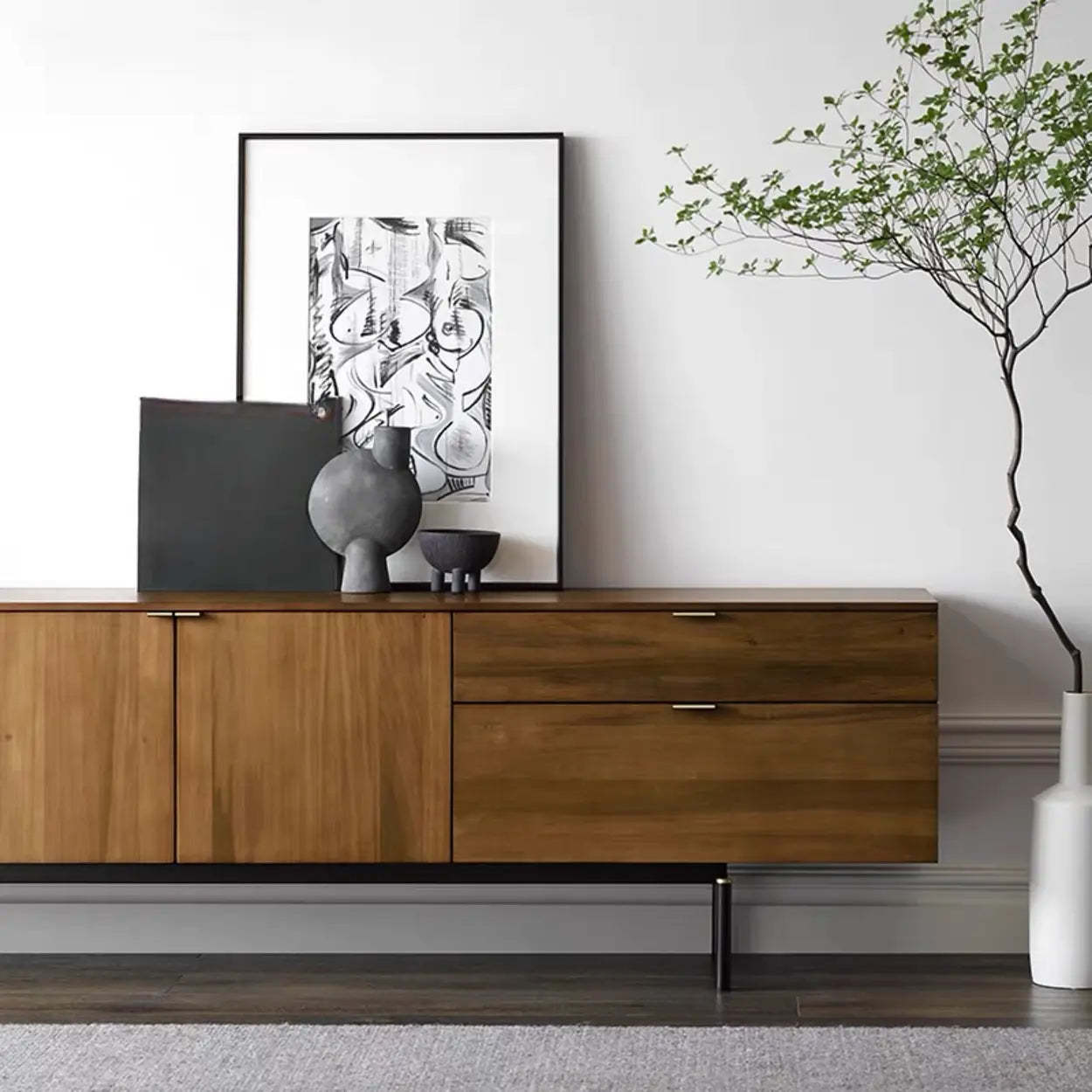 Mid-Century Walnut Wood TV Stand with Storage