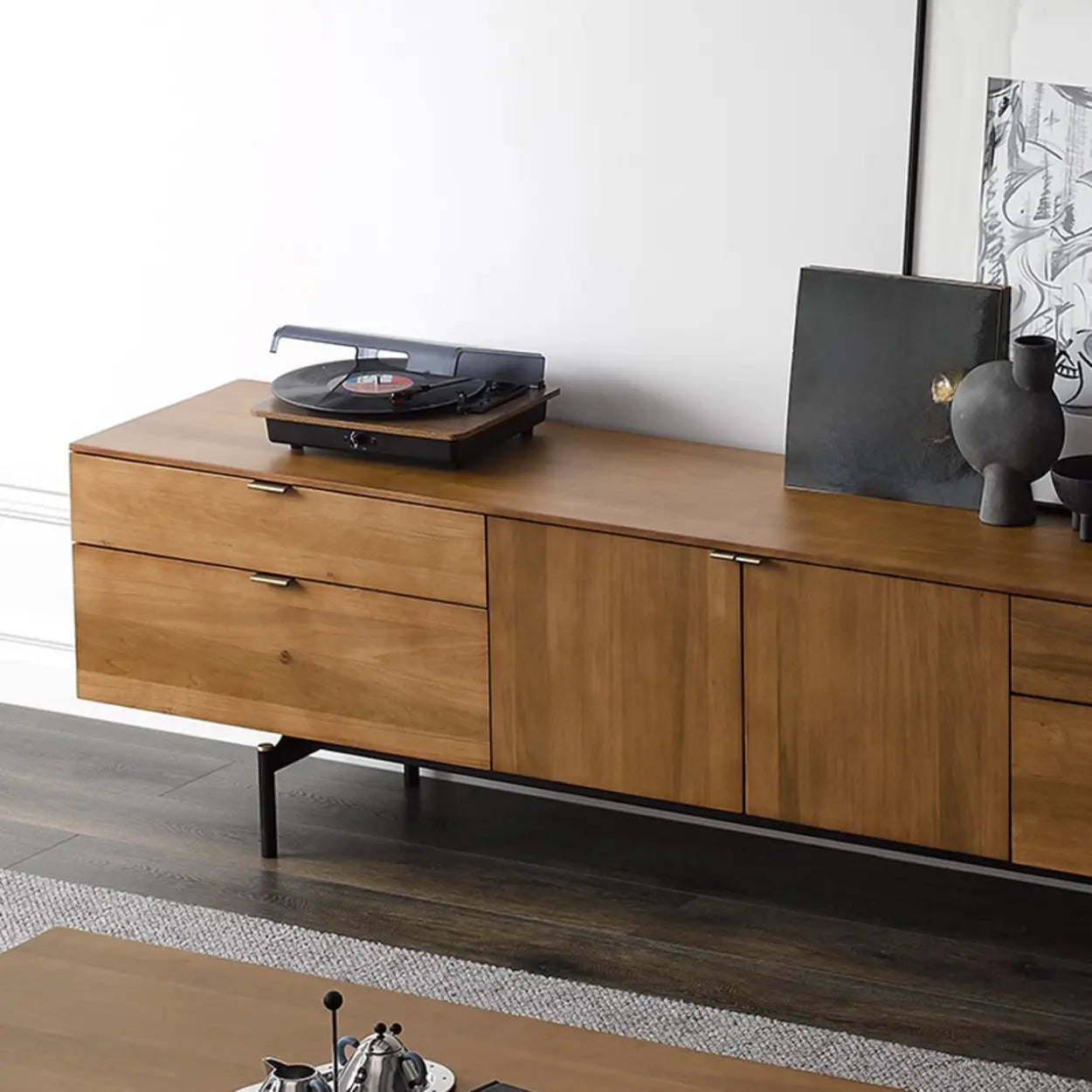 Mid-Century Walnut Wood TV Stand with Storage