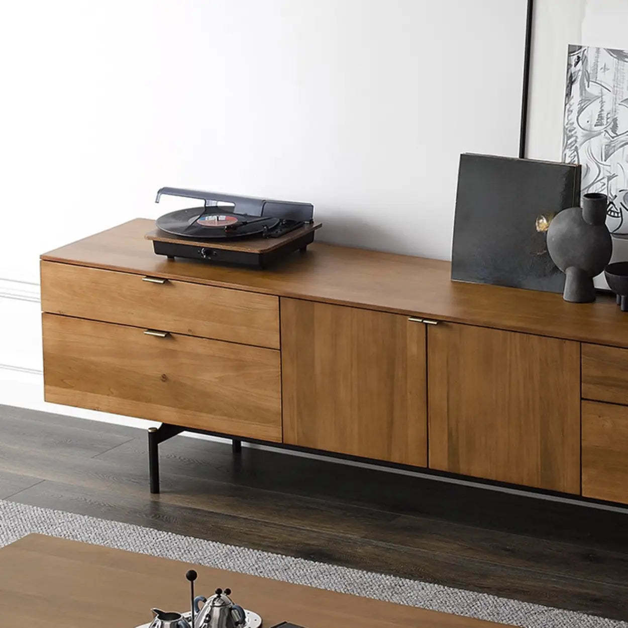Mid-Century Walnut Wood TV Stand with Storage