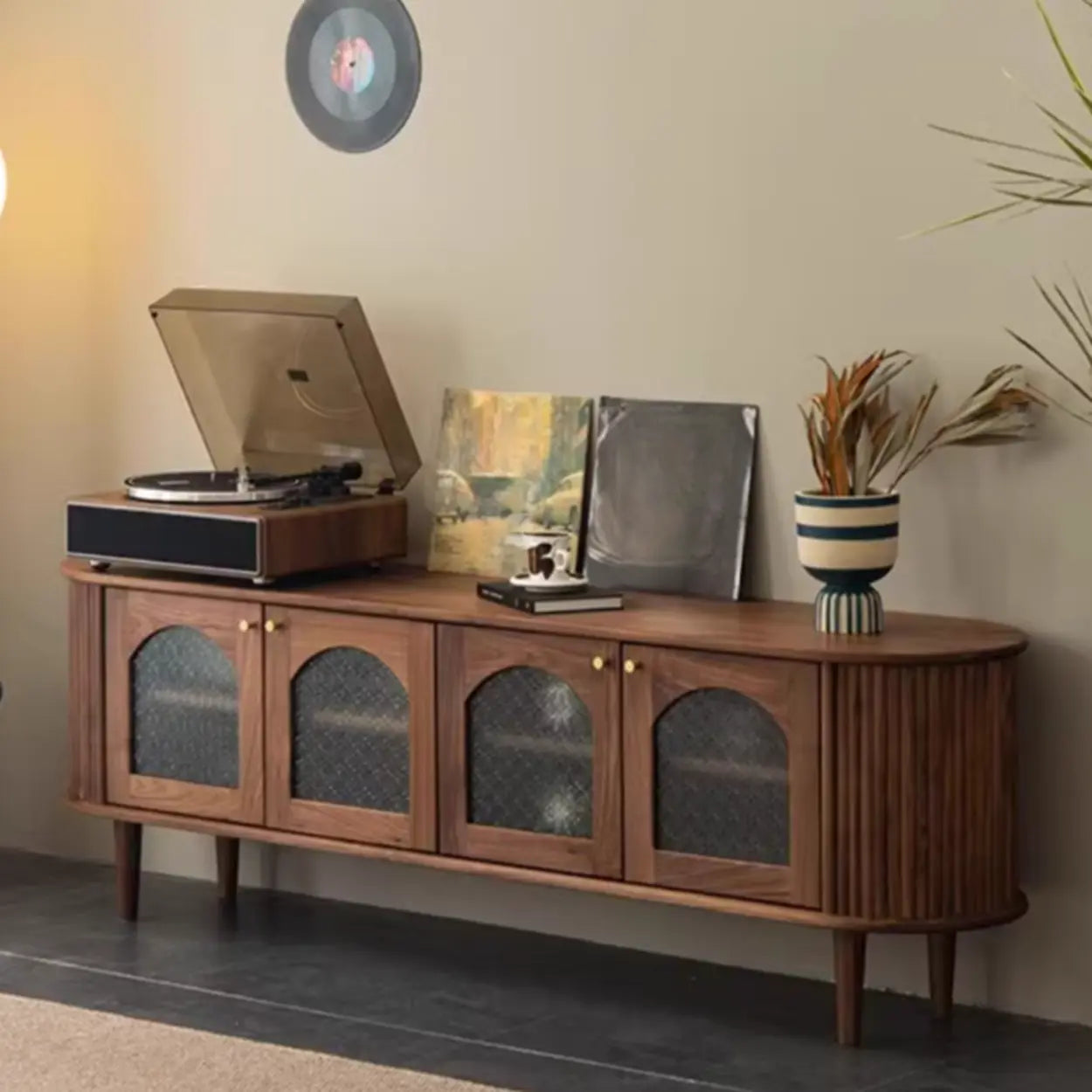 Mid-Century Walnut Wood TV Stand with Cabinet — Ash
