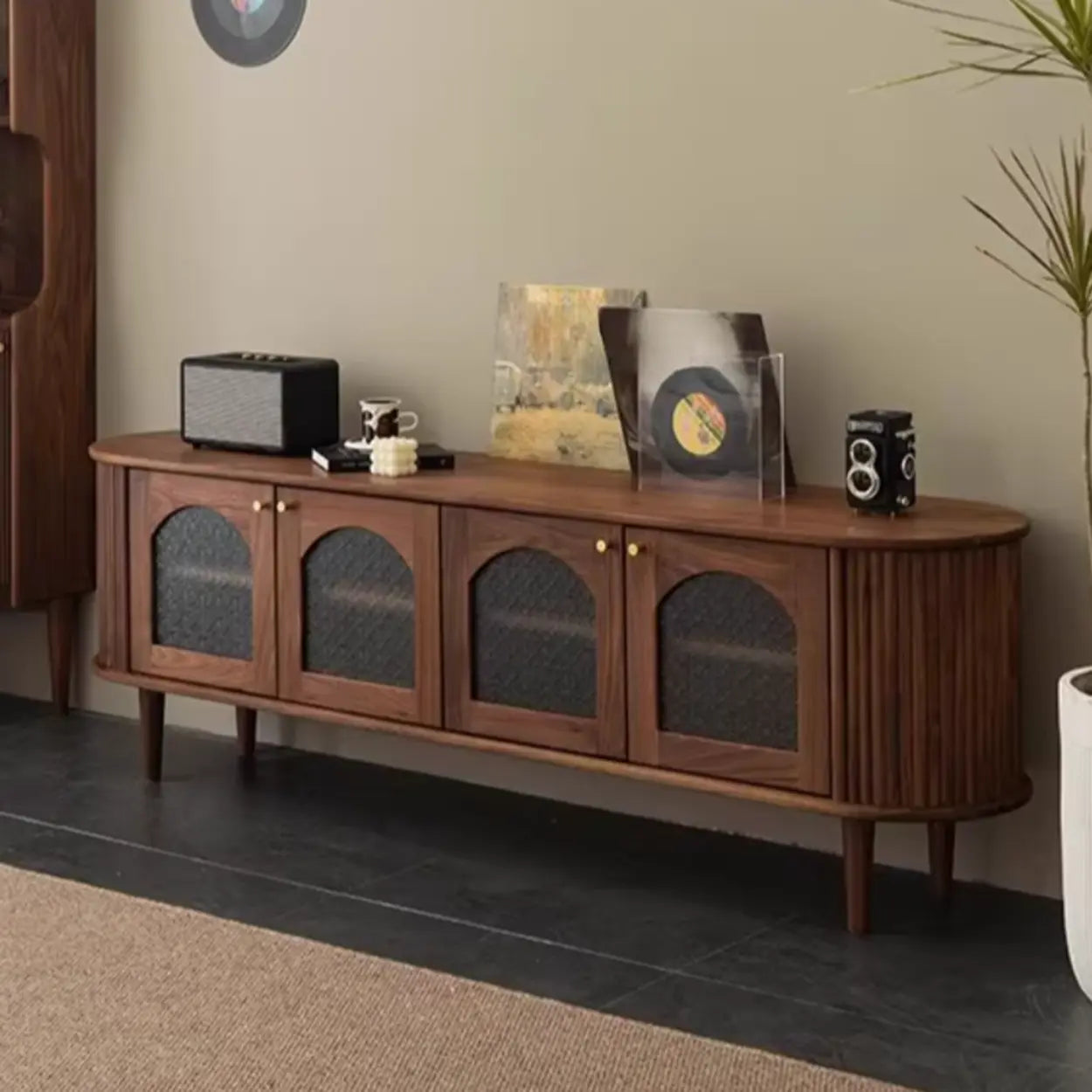 Mid-Century Walnut Wood TV Stand with Cabinet — Pine