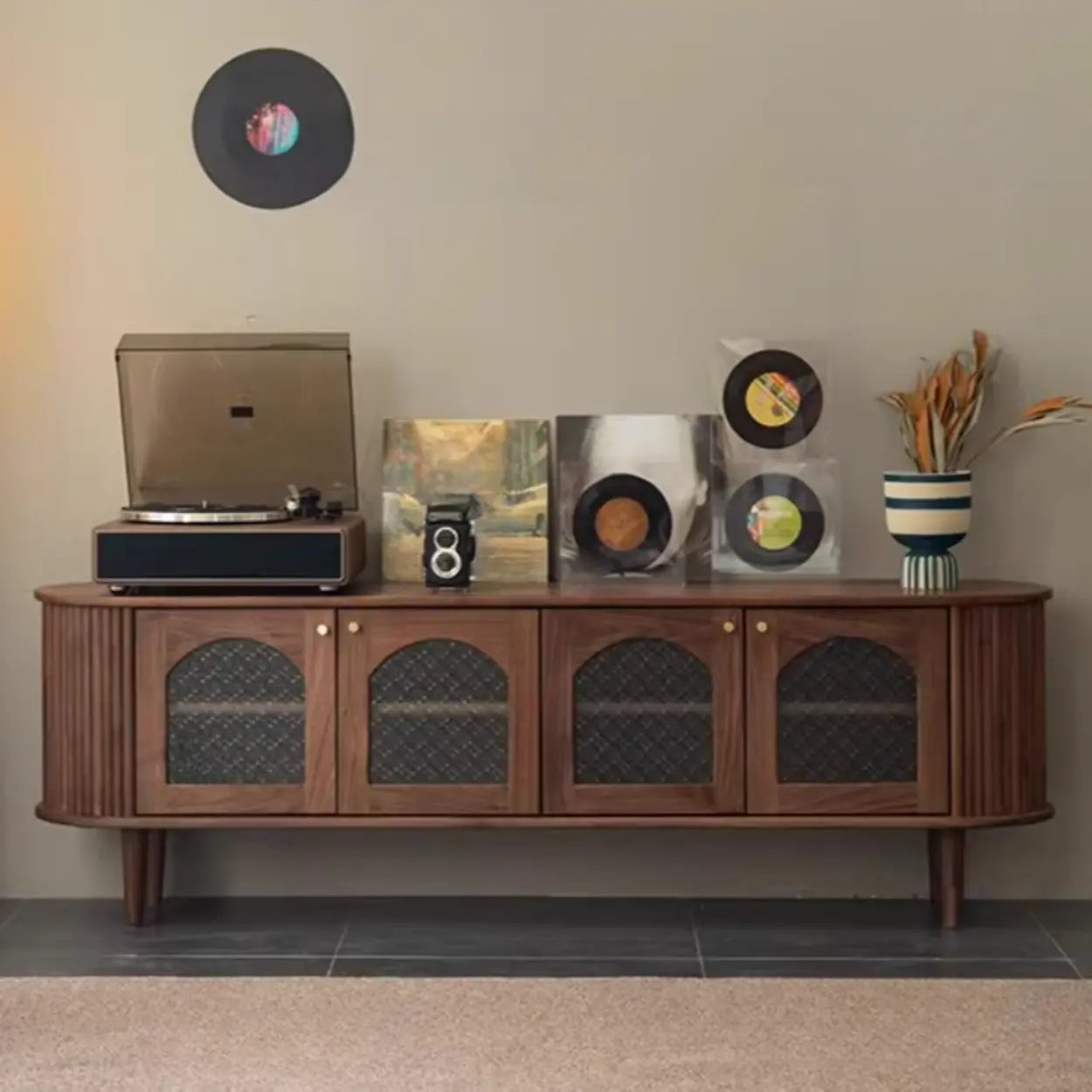 Mid-Century Walnut Wood TV Stand with Cabinet — Ash
