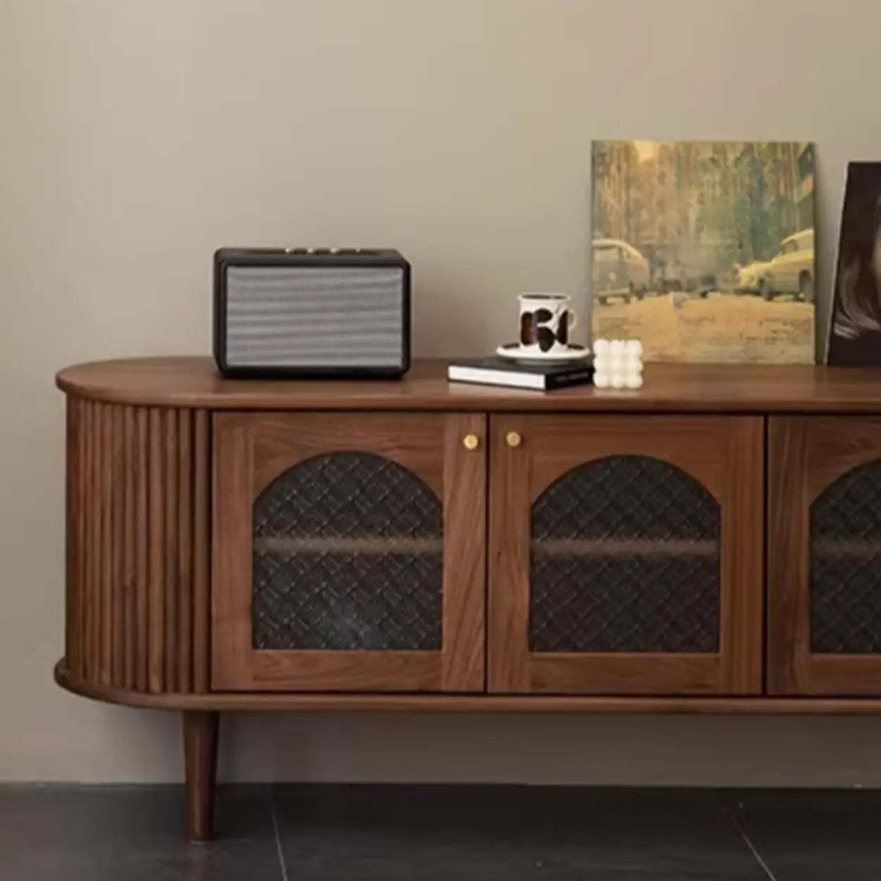 Mid-Century Walnut Wood TV Stand with Cabinet — Pine