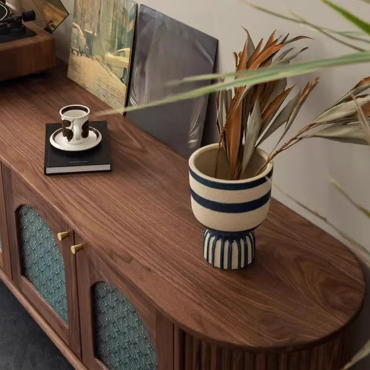 Mid-Century Walnut Wood TV Stand with Cabinet